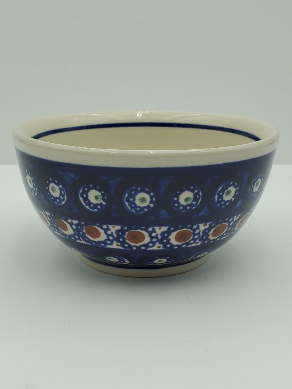 Polish Pottery Brown Circles Soup Bowl Green Dots Cereal Bowl